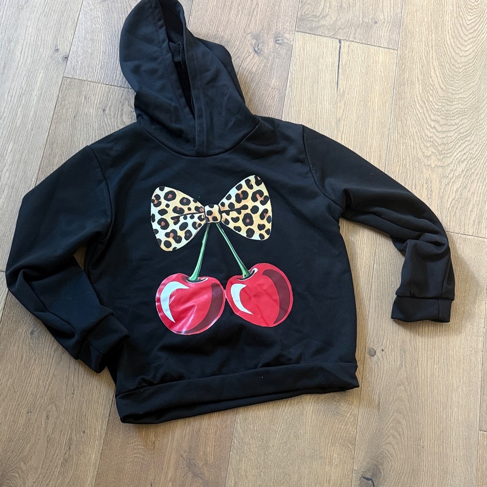 New/Never Worn Kids Black Hoodie with Leopard Bow & Cherry Graphic
